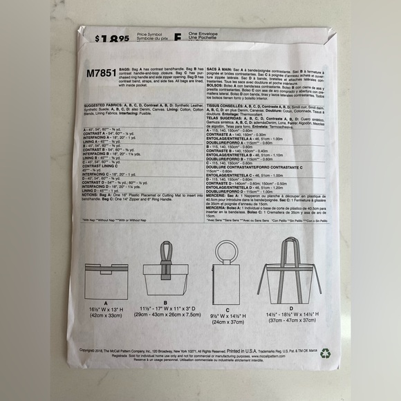 3/$30 BUNDLE&SAVE ✨ McCall's M7851 Bags Sewing Patterns - Picture 4 of 9